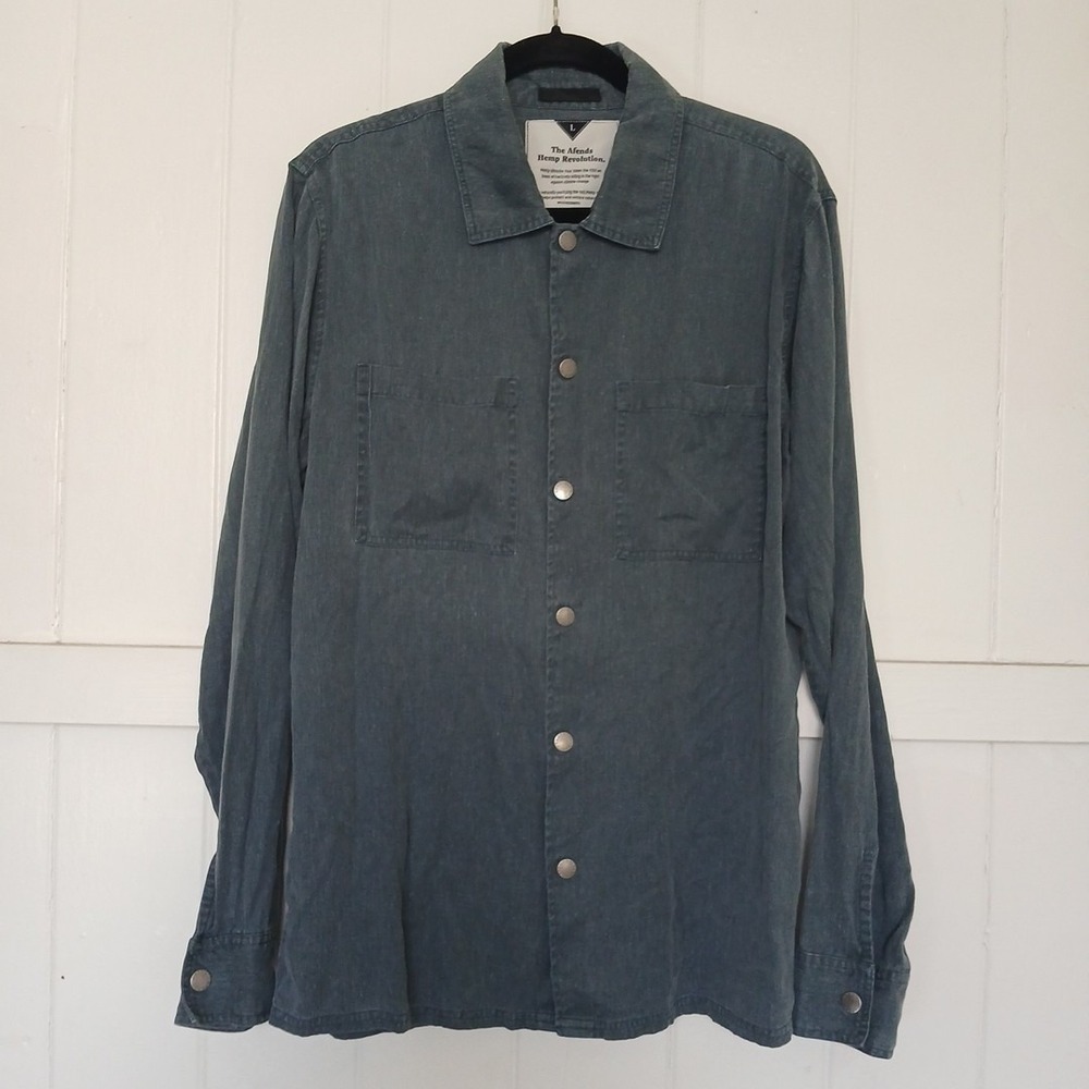 Afends Hemp Revolution Shacket Snap Button Men's Large‎ Cobalt Blue Hemp Tencel